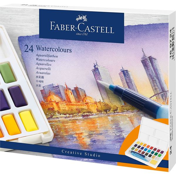 Image of Akvarellset Faber-Castell 24 sorterade färger helkopp + vattenpensel 169724 6933256641663