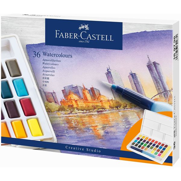 Image of Akvarellset Faber-Castell 36 sorterade färger helkopp + vattenpensel 169736 6933256641670