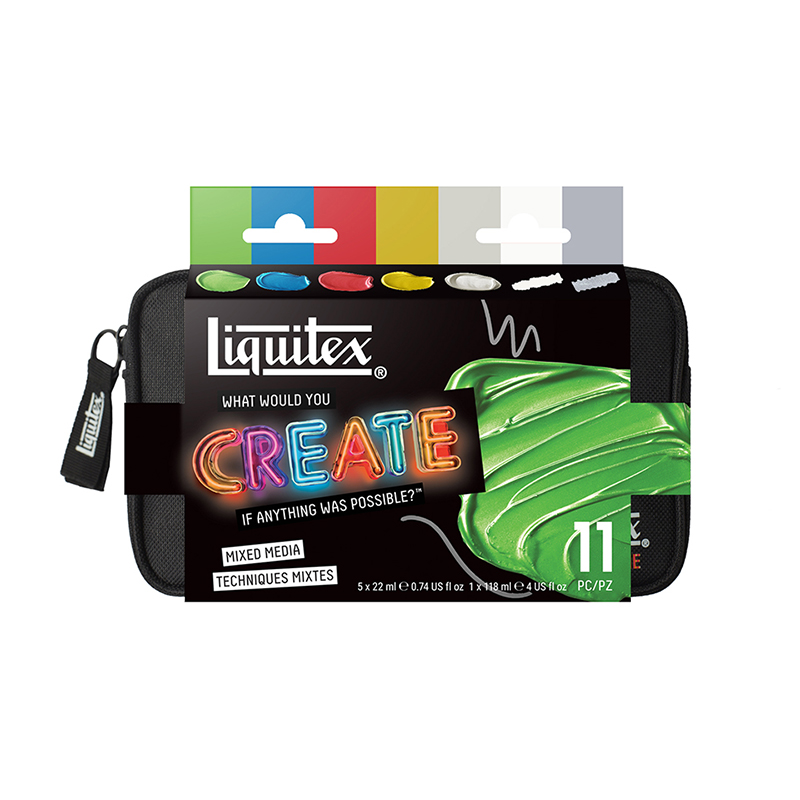 Image of Akrylfärgset Liquitex BASICS MIXED MEDIA 5x22ml+heavygel+markers+block+pensel 3699506 887452069140