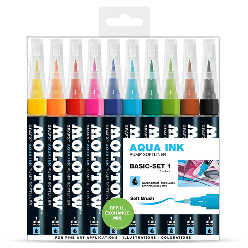 Image of Molotow GRAFX AQUA Ink Basic set 1. 10 softliner 200464 4250397614472