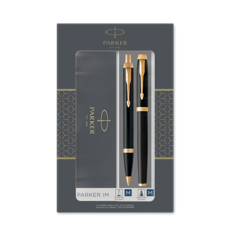 Image of Pennset Parker Duo Set IM Black Gold Trim Ballpoint and Fountain Pen M Blue ink 2093216 3026980392169