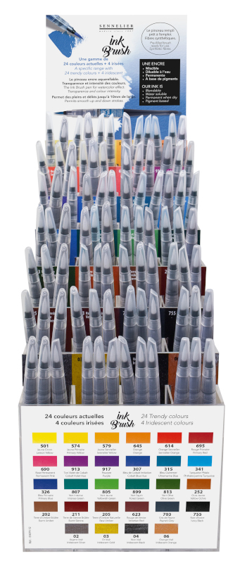 Image of Penselpenna Sennelier Ink Brush display 28 colours x3. 24 trendy colours + 4 iridescent colours 13169500 3046451914555