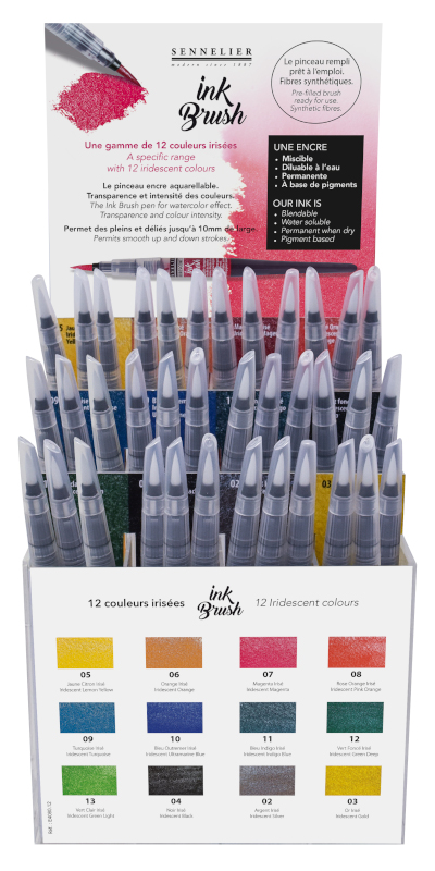 Image of Penselpenna Sennelier Ink Brush display 12 colours x3. 12 iridescent colours 13169600 3046451914562