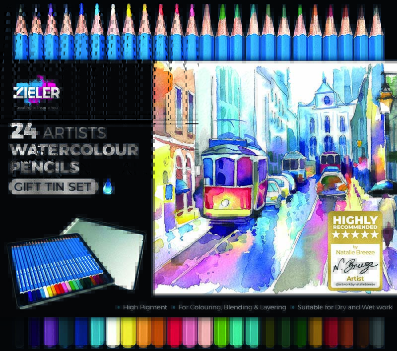 Image of Pennset Zieler 24 Watercolour Pencils Tin Set 09299250 0604565679864