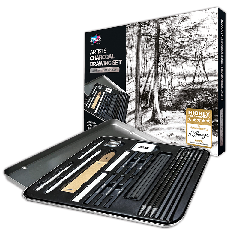 Image of Pennset Zieler Artists Charcoal Drawing Tin 24-Piece Set 09299538 0604565680075