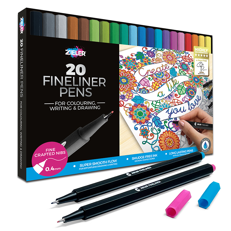 Image of Pennset Zieler 20 Colour Fineliner Pens (0.4mm) - 09608113 0604565680402